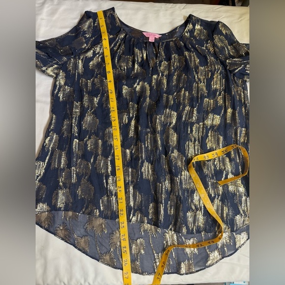 LILLY PULITZER Sheer BECCER Silk Navy blouse with Gold palm tree design size M - Picture 13 of 16